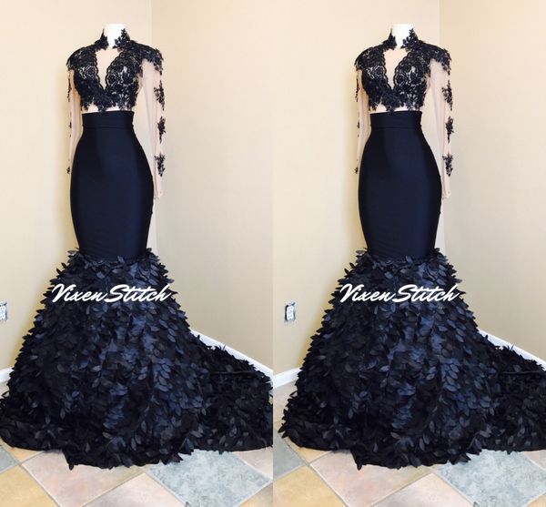 

mermaid prom dresses high neck long sleeves illusion bodice appliques satin evening gowns party dresses sweep train, Black;red