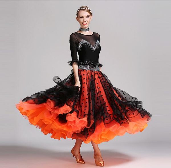 

black sequins ballroom dance woman standard dance dress fringe foxtrot flamenco, Black;red