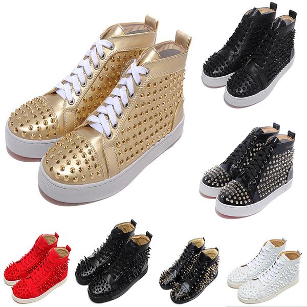 

fashion designer brand studded spikes flats shoes red bottom shoes for men and women party lovers genuine leather sneakers, Black