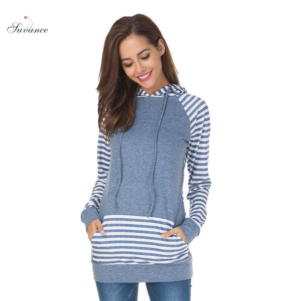 

suvance spring autumn casual striped pullover patchwork long sleeve women long hoodied, Black