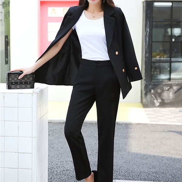 

fashion 2 two pieces set double breasted blazer & long pant suit women casual jacket workwear sets femme high quality, White;black