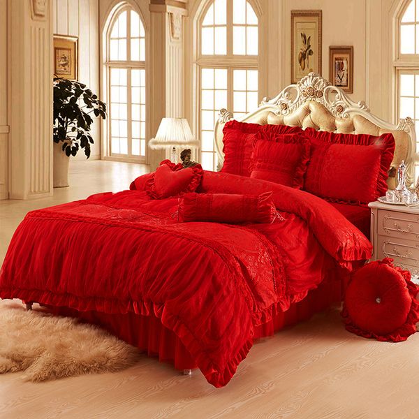 Svetanya Red Wedding Bedding Sets Jacquard Soft Velvet Linens Full