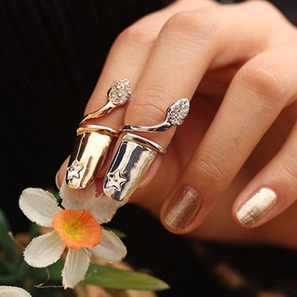 

simple european fashion cute retro five star beaded rhinestone plum snake gold silver ring finger nail rings bridal jewelry cheap, White