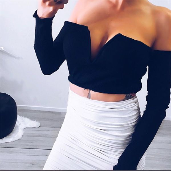

new casual streetwear langarm schwarz tees female herbst tank cold shoulder v-ausschnitt camisole crop top, White
