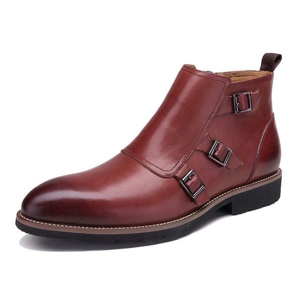 

vintage genuine leather men's monk straps martin ankle boots round toe handmade man luxury cowboy outdoor riding shoes, Black