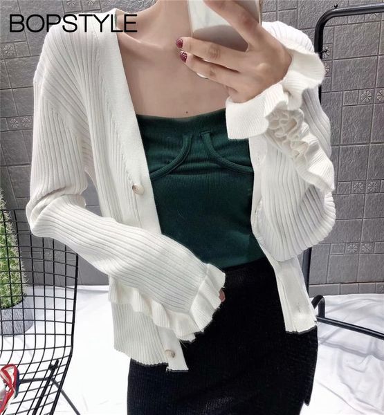 

fall/winter 2018 women v-neck ruffle patchwork sleeves knit cardigan sweater - ladies black/white knit cardigan front buttoned, White;black