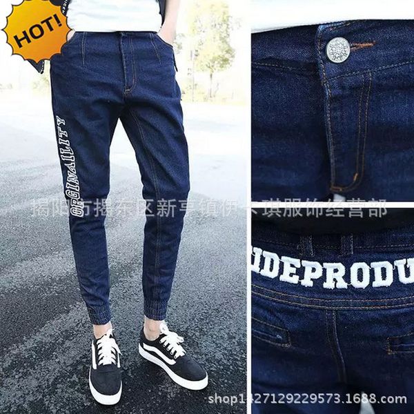 

2018 spring autumn denim embroidery letter pencil pants street men hip hop teenagers cowboy beam foot pants 28-34, Blue