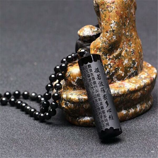 

beautiful natural black obsidian carved buddhism words strip heart sutra lucky pendant + beads necklace fashion jewelry, Silver