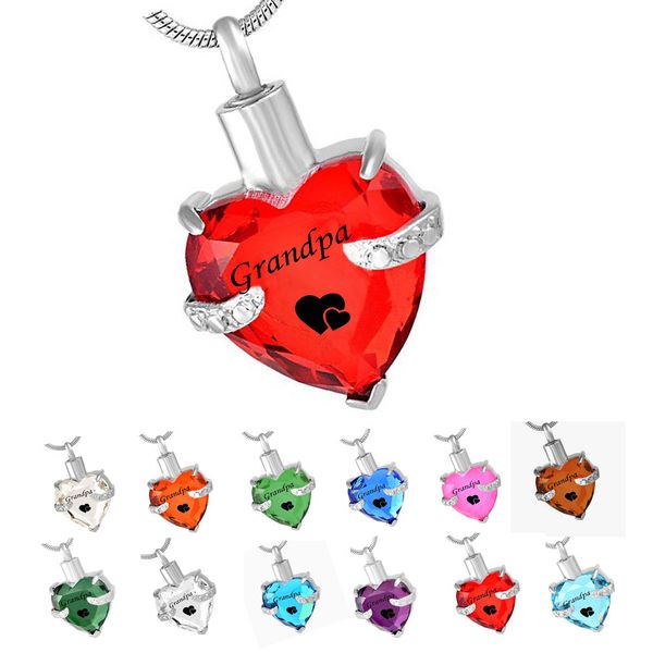 

grandpa glass cremation jewelry heart birthstone pendant urn necklace ashes holder keepsake, Silver