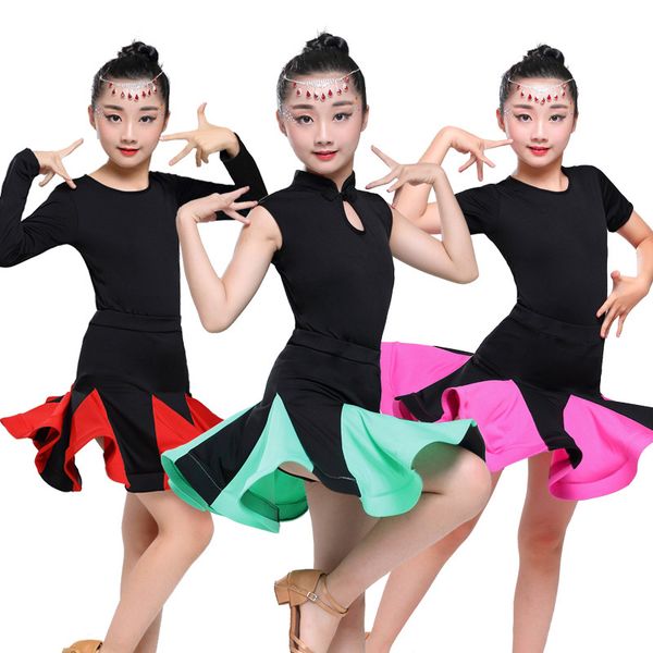 

stage wear girl latin dance dress for girls spandex salsa tango skirt ballroom dancing child competition dancewear kids costume, Black;red