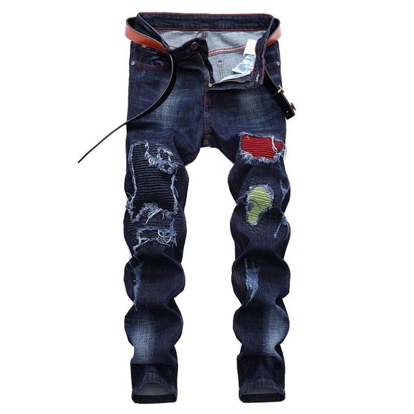 

nibesser plus size skinny jeans men vintage distressed denim trousers fashion ripped patchwork hip hop streetwear male jeans, Blue