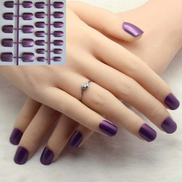 

easy simple pure color candy nail art false nail tips lady artificial finger tip decor pearl shiny dark purple color 24pcs, Red;gold