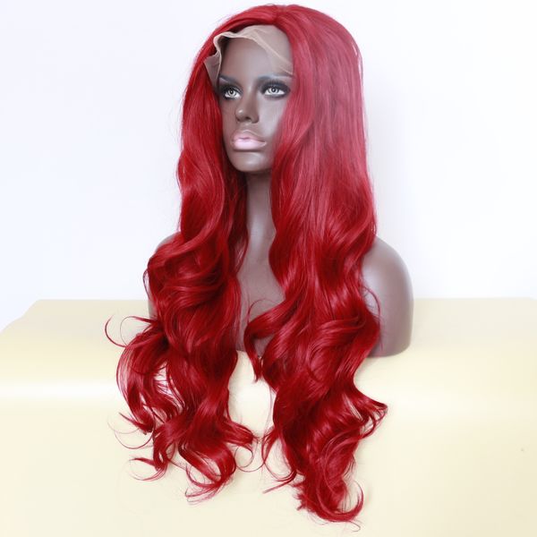 Parrucche lunghe sexy dell'onda del corpo rosso bordeaux con i capelli del bambino Parrucche anteriori sintetiche brasiliane del pizzo di Glueless per le donne nere Resista al calore3309723