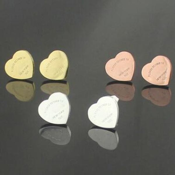 

New Arrival Wholesale Price T stamp Heart Stud Earrings 18K Gold plated 3 colors 316L stainless steel Women's Earrings Free Shipping