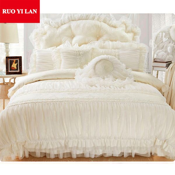 Cotton Jacquard Princess Bedding Set Silk Lace Ruffles Duvet Cover