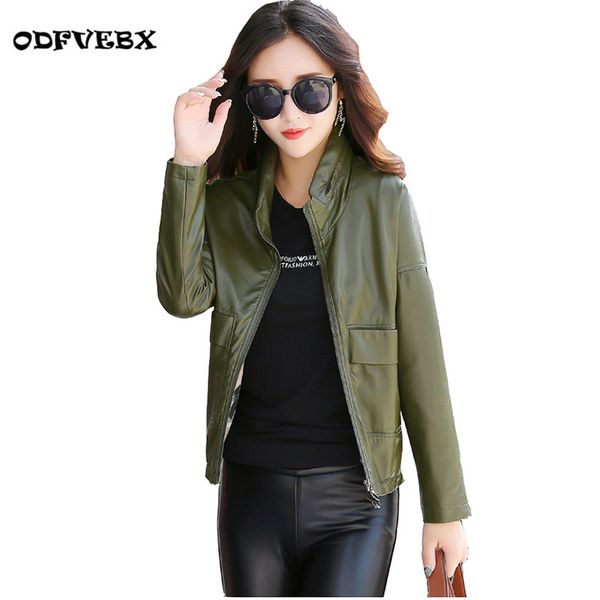 

2018 spring autumn new leather clothing women short fashion slim thin large standing collar sheepskin ladies jacket coat odfvebx, Black