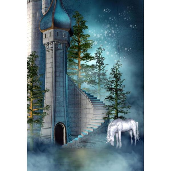 Sfondo fotografico retro vecchio castello scale stampato alberi della foresta nebbiosa unicorno cielo notturno stelle sfondo fotografico fiaba per bambini