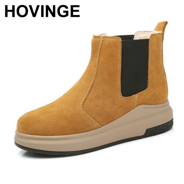 

hovinge women boots 2018 winter motorcycle ankle boots shoes woman slip-on snow women warm suede leather rubber, Black