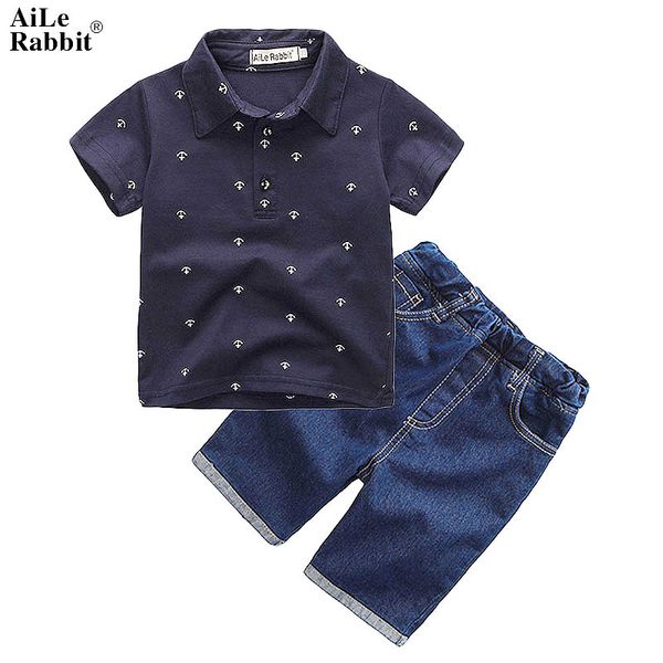 

summer new children clothing boy sets anchor gentleman short-sleeved shirt + denim shorts 2 pcs sets for 2-7 yrs kids, White