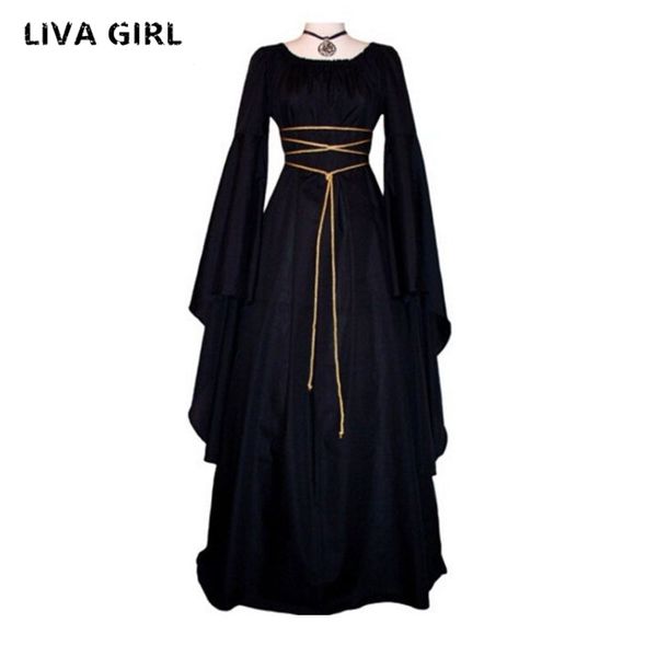 

medieval maxi gown gothic vintage bandage women summer black retro party cosplay witch halloween costumes long dress, White;black