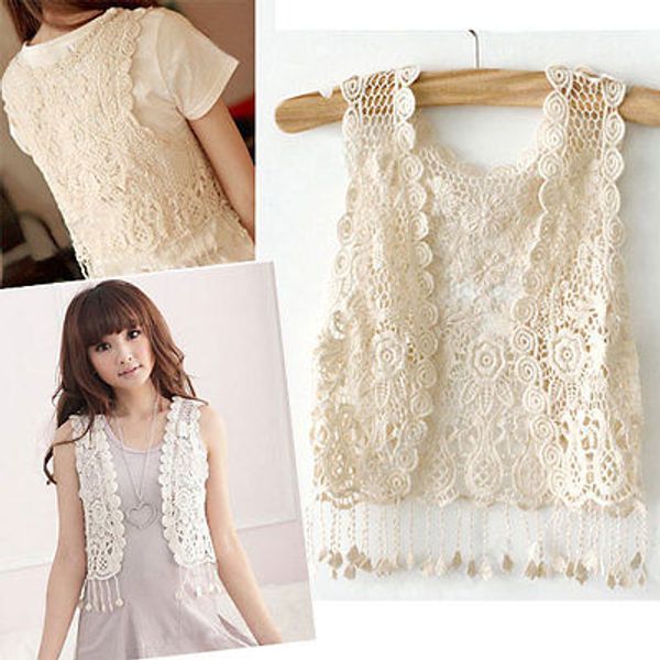 

new khaki women crochet tassel shrug gilet waistcoat cardigan, White