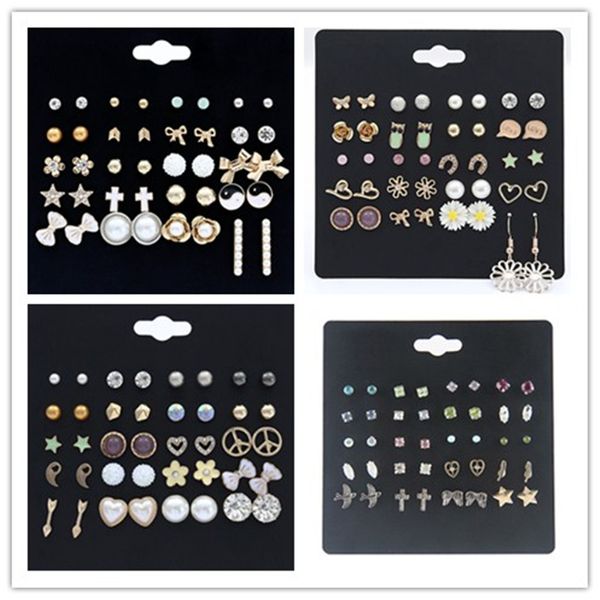

20 pairs pack set brincos punk jewelry mixed stud earrings for women fashion crystal pearl ear stud earring jewelry 4 designs mix bz, Golden;silver