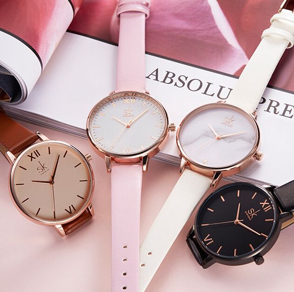 

brand fashion ladies watches leather female quartz watch women thin casual strap watch reloj mujer marble dial sk, Slivery;brown
