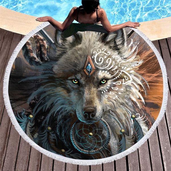 

2018 new bath towel beach thicking round animal wolf printed beach towel fabric tapestry yoga mat 600g yj49