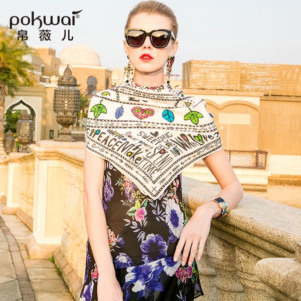 

pokwai 100% silk geometric women scarf 2018 high fashion 100cm*100cm print scarves, Blue;gray