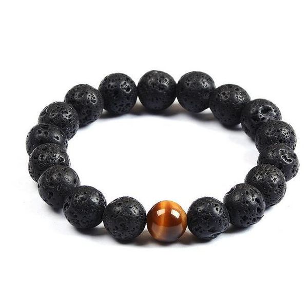 Atacado Natural Lava Rock stone Venda Popular lava beads pulseira Lavastone Pulseira com contas de olho de Tigre 8mm bola pulseira