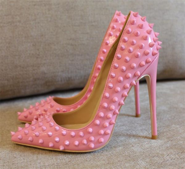 

fashion women pumps pink patent leather studded spikes rivets point toe high heels thin heel 12cm 10cm 8cm brand new, Black