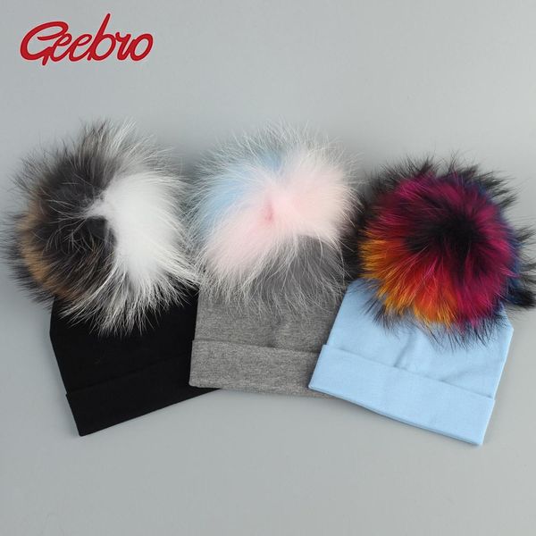 

geebro baby cotton beanies hats with real fur raccoon pompom for newborn girls boys kids warm plain cotton skullies beanie hat