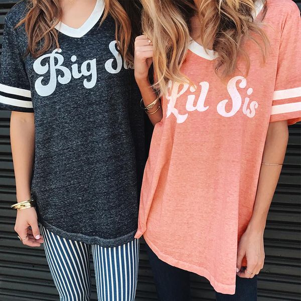 

new fashion friend t-shirt womens short sleeve big lil sis letter print shirt blouse tee, White