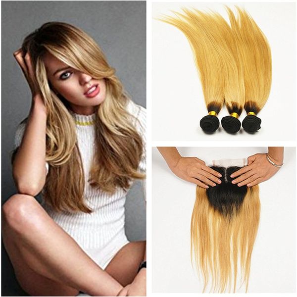Bright Blonde Ombre Hair Weave With Lace Cllosure Two Tone 1b 27