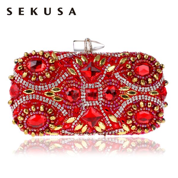 

SEKUSA Embroidery Red Evening Bags Chain Shoulder Beading Clutch Lip Metal Rhinestones Lady Purse For Wedding Party Dinner