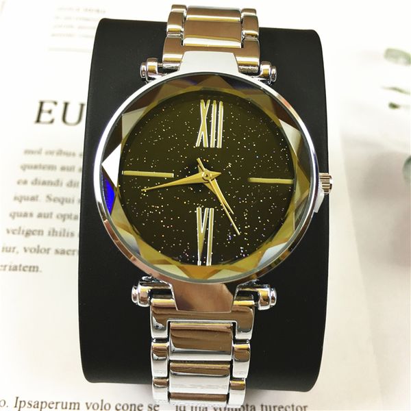 

nice new model woman watches steel bracelet chain purple/blue lady quartz starry dial famous design box wholesale price, Slivery;brown