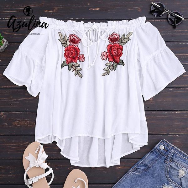 

2018 new off shoulder blouse shirt women floral embroidery loose white oversize lace up high low ladies ruffle blusas