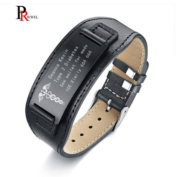 Pulseiras de identificação de alerta médica para homens bracelete de envoltório de couro genuíno 6.69 