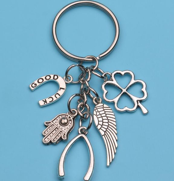 

fashion new hand fatima wings clover good luck horseshoe fish bone pendant key chain ring keychain package decoration gift 10pcs, Silver