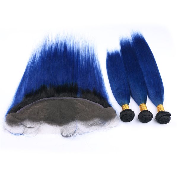 2019 Dark Roots 1b Blue Ombre Straight Hair Bundles With Lace Frontal Closure Black To Blue Ombre Human Hair Extensions From Hot Ladyhair 200 54