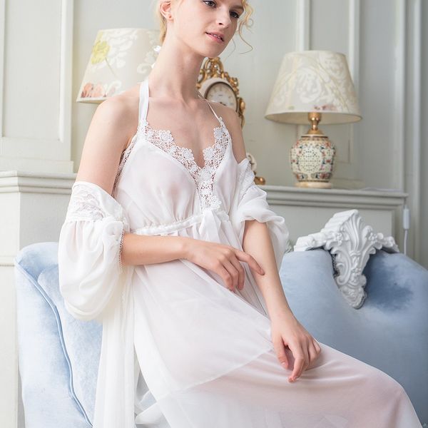 

vintage women's chiffon nightgowns long sleeve 2-pics robes royal roupas de dormir femininas three colors lace sleepwear 016, Black;red