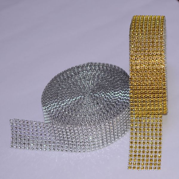 

5 yard 8 row gold silver diamond mesh wrap roll sparkle rhinestone crystal cake ribbon wedding party decoration clothes trimming