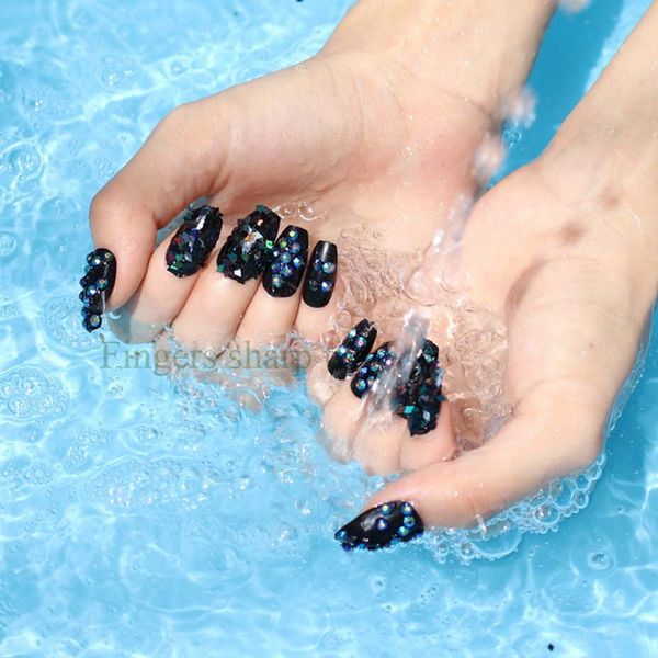 

solid color new design beautiful delicate square head hand made candy fake nails black w08, Red;gold