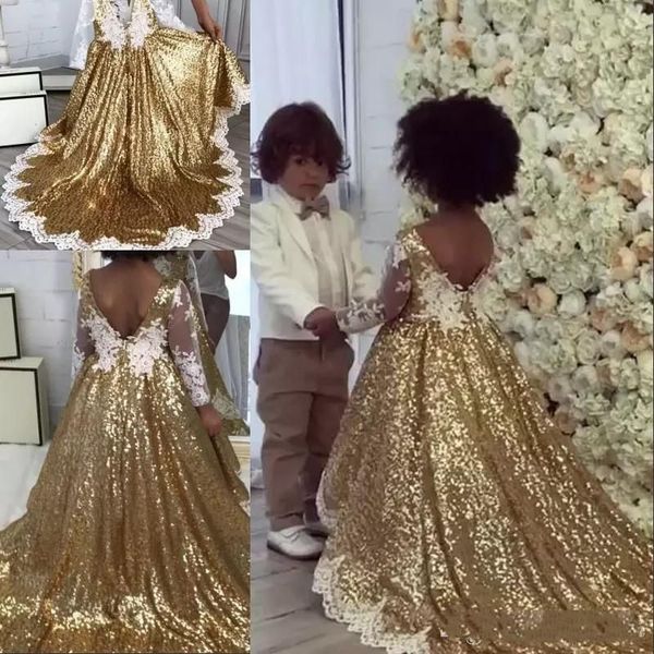 

Bling Золотые Блестки Цветочница Платья Кружева Аппликации С Длинным Рукавом Gir Рук