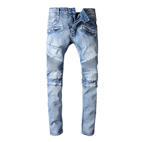 

balmain clothing designer pants slp blue black destroyed mens slim denim straight biker skinny jeans men ripped jeans