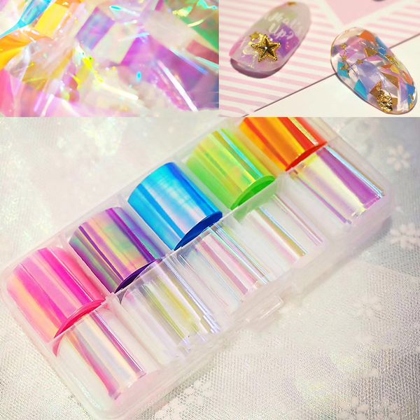 

10pcs/set starry sky nail foils colorful nail art stickers laser glass sticker water transfer art decoration beauty tools, Black