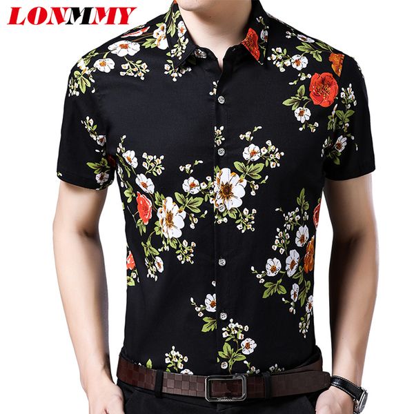 

lonmmy floral men shirt dress short sleeve casual slim fit hawaiian shirt men flower blouse man camisas para hombre high quality, White;black