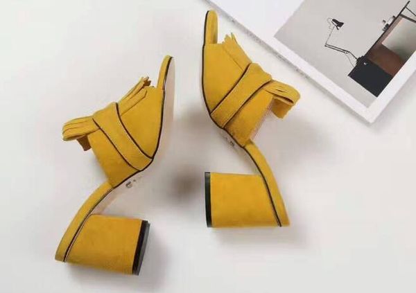 

2018 new Kid suede 7cm High Heels Sandals women 2018 Runway style pumps metal fringe tassel slippers zapatos mujer summer beach shoes ladies