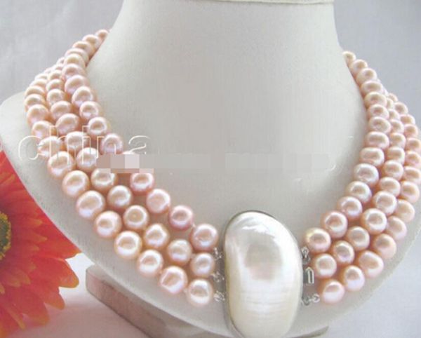 

beautiful 17-19" 3row 8-9mm pink round freshwater pearl necklace - shell clasp, Silver