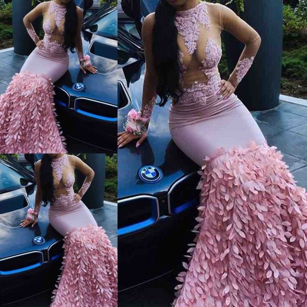 

gorgeous pink mermaid prom dresses sheer long sleeves lace appliques evening gowns 2k18 south african sweep train cocktail party dress, Black